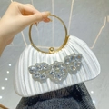 Elegant white satin pleated tote bag with crystal leaf pattern and golden ring handle - White