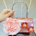 Metallic pink mini floral handbag with silk rose and faux pearl accents for parties - Pink
