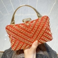 Luxury red rhinestone clutch bag with gold handle and geometric crystal pattern - Red