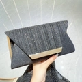 Elegant black sequin evening clutch bag with gold metal trim and pleated texture - Black
