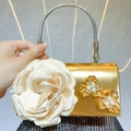Elegant gold metallic evening bag with large white satin flower and pearl accents - Gold