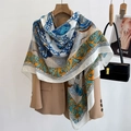 Elegant silk scarf with royal blue chain pattern draped over a khaki blazer - 130*130cm / WS-3-Beige