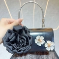 Elegant black satin evening bag with oversized 3D flower and pearl embellishments - Black
