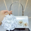 Elegant pearl white satin evening bag with decorative 3D fabric flowers and metal handle - White