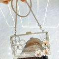 Transparente Acryl Abendtasche mit goldener Blumenperle Einlage und Diamantkette - Silber