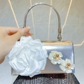 Silver evening clutch bag with white satin rose flower and pearl accents for wedding - Silver