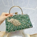 Borsa da sera verde scuro con lussuoso design a pavone dorato e strass lucidi - Verde