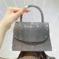 Elegant full crystal square evening clutch bag in silver-black with curved handle - Black