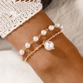 Double-layer gold chain bracelet set with white faux pearls and a large pendant - Double Layer Chain Pearl Pendant Style (18072-gold)