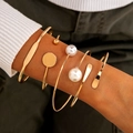 Fünfteiliges goldenes Armreif-Set mit Perlen und Metallscheiben im minimalistischen Stil - 5-teiliger Perlen-Geometrischer Stil(30157-bra-G)