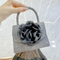 Luxury mini evening handbag with sparkling rhinestones and a large black satin flower - Black