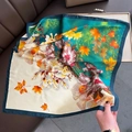Elegant emerald green floral silk square scarf with maple leaf pattern and satin finish - 70*70cm / Blue (W-254)