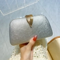 Elegant silver glitter evening clutch bag with decorative golden leaf clasp for women - Glitter Material / Silver
