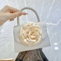 Sparkling evening bag with silver rhinestones and a large champagne satin flower charm - Champagne