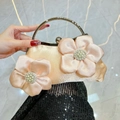 Elegant champagne satin evening clutch featuring 3D fabric flowers and pearl accents - Pink