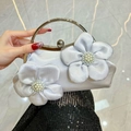 Elegant silver satin evening clutch with 3D flowers, pearls and metal ring handle - Silver