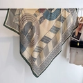 Beige cotton-linen square scarf with navy and burgundy rope pattern hanging on a rack - Large / Beige (WS-1)