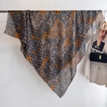 Ethnic floral cotton linen square scarf in dark grey with blue and orange patterns - Khaki (YS-2)