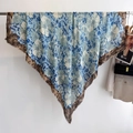 Blue floral and leopard print cotton-linen scarf displayed in a luxury fashion setting - Blue Floral Leopard Patchwork (YS-5)