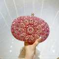 Pink rhinestone clutch bag with crystal flower pattern and sparkling metal frame - Rose Red