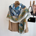 Bohemian paisley large square scarf in blue and ochre silk-like fabric for women - 130*130cm / WS-3-Beige