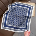 Navy blue and white silk-like square scarf with geometric and leopard print patterns - 70x70cm / Blue