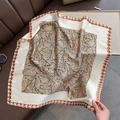 Silk-like square scarf featuring beige leaf patterns and houndstooth border on leather sofa - 70*70cm / Khaki (W-247-Khaki)