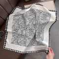 Detail of a black and white silk scarf with houndstooth edge and leaf pattern texture - 70*70cm / White (W-247-White)
