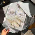 Elegant mulberry silk square scarf with light blue floral and feather patterns on wood - 53*53cm / Light Green (ZS-505)