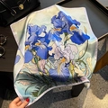 Fashionable silk square scarf with blue iris floral print and elegant lavender edges - 53cmx53cm / Blue Iris(ZS-510)