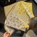 Detail of silk square scarf showing floral daisy print and vintage geometric patterns - 53*53cm / Yellow (ZS-509)