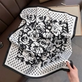 Elegant polka dot camellia floral square silk scarf with glossy black and white finish - White