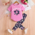 Rosa Kurzarm-T-Shirt mit süßer Blume und schwarze florale Hose zweiteiliges Mädchen-Set - 4Y