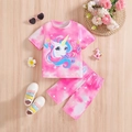 Set estivo da bambina rosa tie-dye con maglietta con unicorno colorato e pantaloncini - 4Y / Stile Unicorno Tie-Dye Rosa (BYT0145)