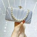Elegant silver pleated evening bag with pearl handle and golden knot clasp for formal wear - Silver With Rhinestone Pearl Chain