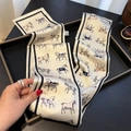 Elegant off-white narrow scarf featuring colorful horse patterns and black trim - White (ZJ-209)