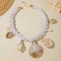 Detail of bohemian shell necklace with white woven rope and gold-edged shell pendants - White Woven Rope With Gold Edge Shells (29383-nek-R-white)