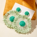Handmade raffia flower earrings in green and white color block for beach vacations - Radial Flower (29604) / Two-tone Green