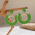 Handmade green raffia hoop earrings with gold metal rings in bohemian vacation style - Grass Green