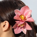 Pink lily flower hair clip with realistic gradient petals for a feminine resort look - Pink And White Gradient Orchid (31163-hp-pink-EP)