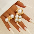 Close-up of geometric Baroque pearl ring set with three gold alloy floral branch bands - Gold Single Pearl Spiral Style (30424-ring-G) / Set of 3 / Gold