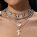 Close-up of layered necklace with butterfly shell and pearl cross pendants - Silver Multi-layer Butterfly Shell Cross Necklace (31364-nek-S-EP)