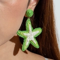 Handmade woven raffia star earrings in green and white color block bohemian style - Dark Green Block