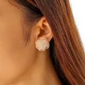 Elegant 3D flower stud earrings in creamy white with glitter finish on a female model - Pink Glitter Translucent Flower Stud Earrings (5962-ear-pink-2)
