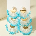 Handmade raffia earrings with white pearls and blue gradient fringe tassels - White Blue Tassel