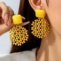 Handmade bright yellow raffia earrings with resin square and beaded flower drop - Bright Yellow