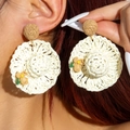 Handmade raffia earrings in beach straw hat style with yellow flowers and brown bead - Beige