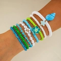 Bohemian multi-layer beaded bracelet set with faux pearls, flowers, and shell charms - Conch Flower Blue Green Multi-layer Set (29853-bra-blue green)
