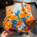 Elegant 53cm silk square scarf with vibrant oil painting floral print and orange hand-rolled edge - 53*53cm / ZS-538 Orange