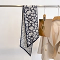 Floral geometric silk scarf for women featuring camellia pattern and dark blue border - Camellia Floral